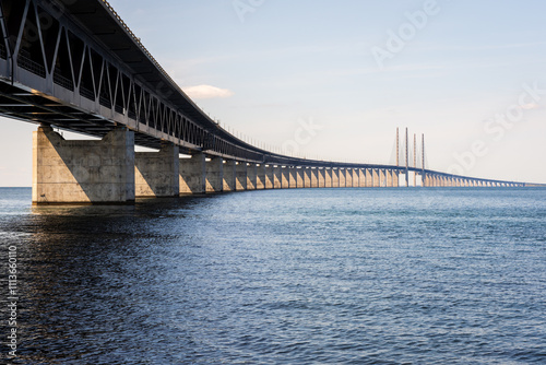 The Oresund bridge, seen from the swedish shore, is a railway and motorway cable-stayed bridge across the Oresund strait between Denmark and Sweden, opened to traffic in 2000. photo