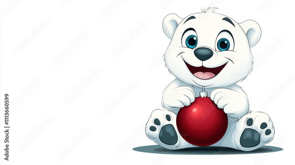 Naklejka premium Adorable Cartoon Polar Bear Holding a Red Christmas Ornament Ball