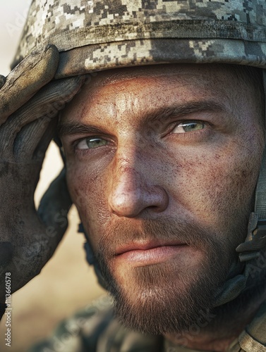 Military Man with Beard - Concentration & Readiness photo