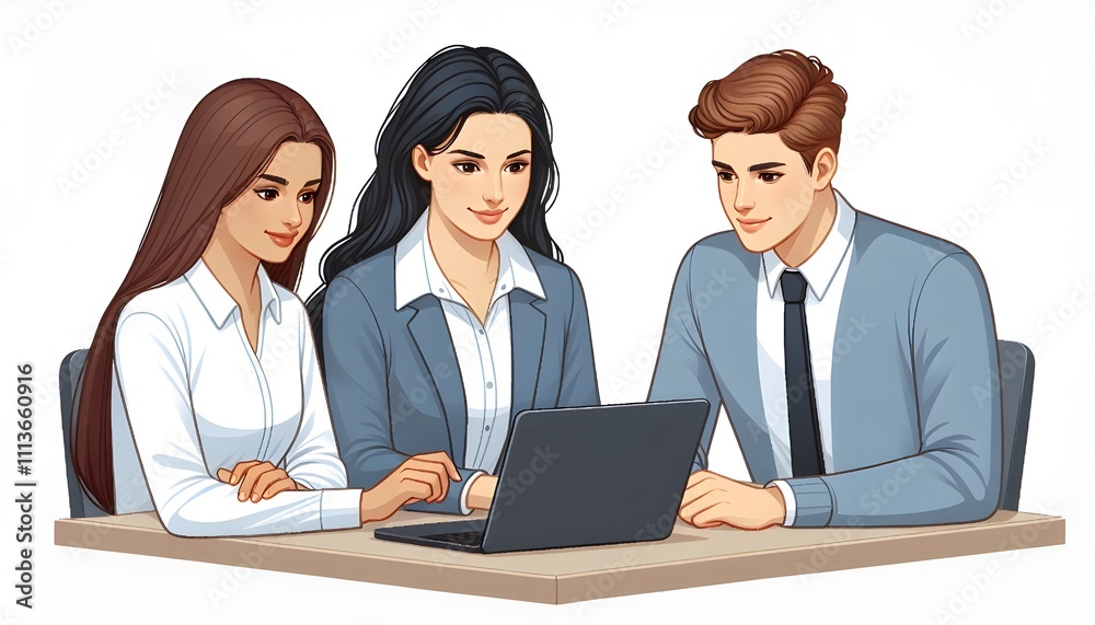 Young Business Professionals two women and one man Collaborating on a Project with a Laptop in a Modern Office Young Business Professionals two women and one man Collaborating on a Project with a Laptop in a Modern Office