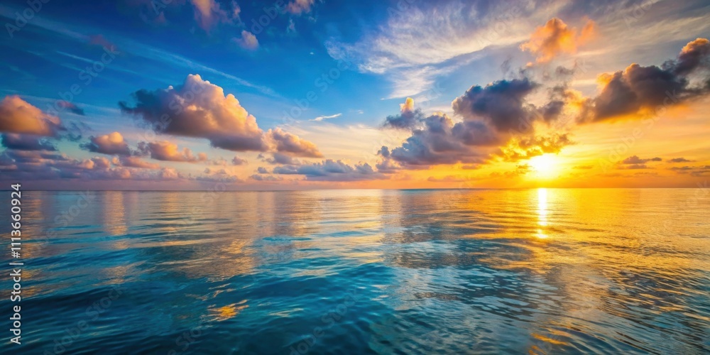 Obraz premium Morning seascape with calm waters, soft sunrise light, and distant horizon , sunrise, ocean, water, seascape, morning, calm