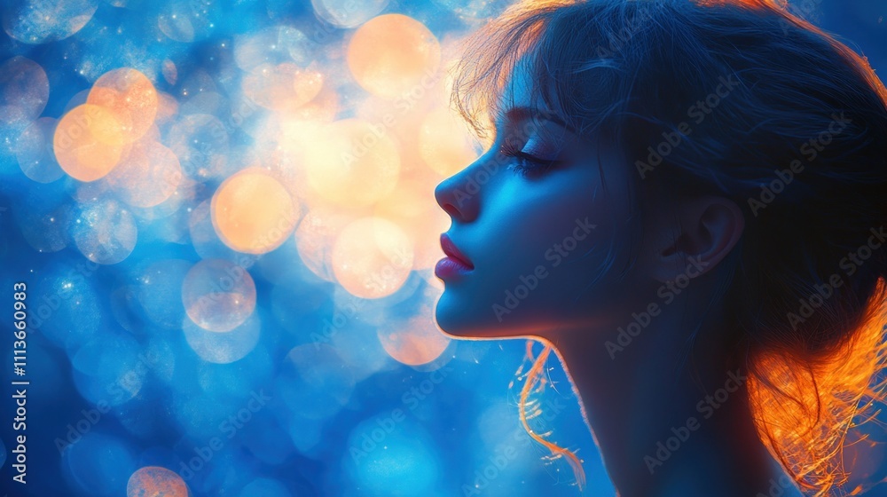 Dreamy Silhouette of a Girl Against Vibrant Blue Background with Ethereal Lighting and Soft Bokeh Effects Dreamy Silhouette of a Girl Against Vibrant Blue Background with Ethereal Lighting and Soft Bokeh Effects