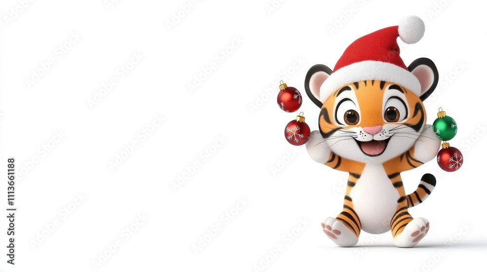 Cute 3D Cartoon Tiger Wearing Santa Hat Holding Christmas Ornaments Cute 3D Cartoon Tiger Wearing Santa Hat Holding Christmas Ornaments