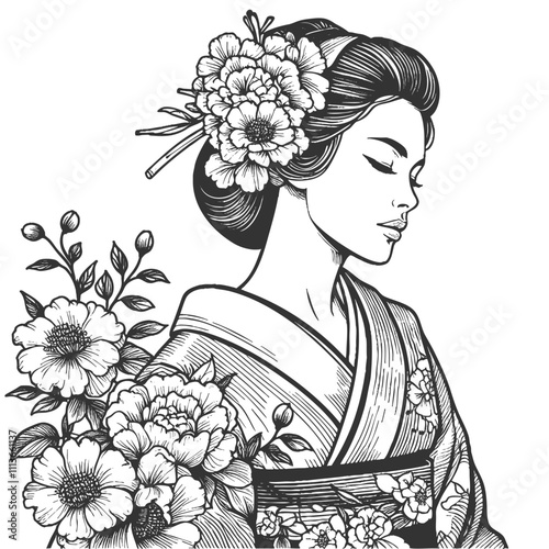 geisha in traditional kimono, surrounded by detailed blooming flowers and foliage sketch engraving generative ai fictional character vector illustration. Scratch board imitation. Black and white image