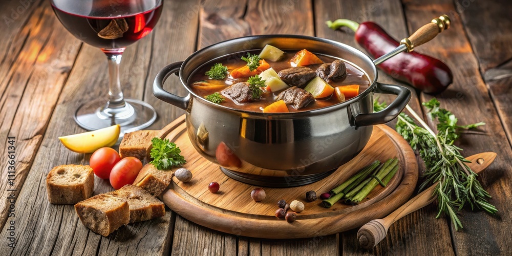Fondue Bourguignonne with beef, vegetables, and wine in traditional pot , French cuisine, gourmet Fondue Bourguignonne with beef, vegetables, and wine in traditional pot , French cuisine, gourmet