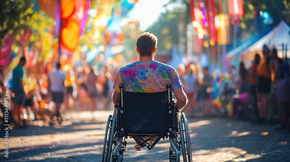 Obraz premium Wheelchair User at an Outdoor Festival,A vibrant scene of a wheelchair user enjoying a colorful and lively music festival.