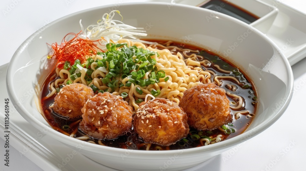 A bowl of noodles with meatballs, garnished with green onions and red threads. A bowl of noodles with meatballs, garnished with green onions and red threads.