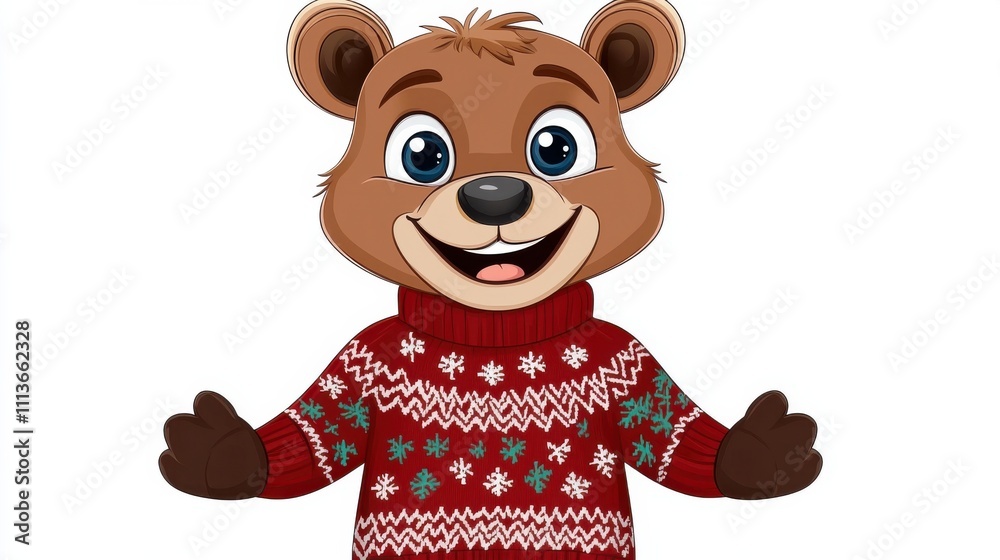 Fototapeta premium Cute Cartoon Bear Wearing Red Knitted Sweater with Winter Pattern