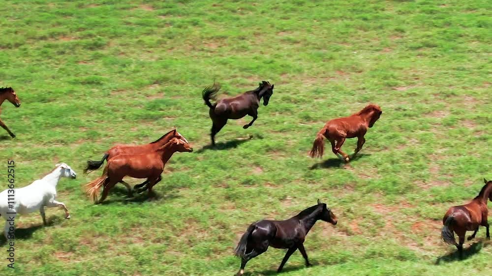 Brown and White Horses Running Across Green Open Pasture, Daytime . Brown and White Horses Running Across Green Open Pasture, Daytime .