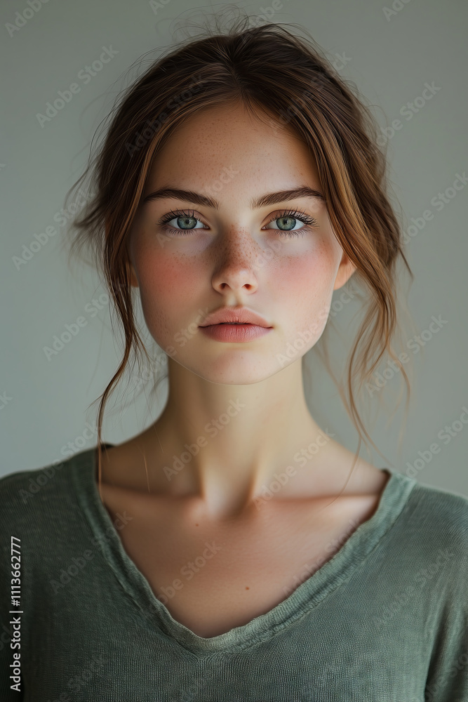 Confident model showcases natural beauty against a dark backdrop Confident model showcases natural beauty against a dark backdrop