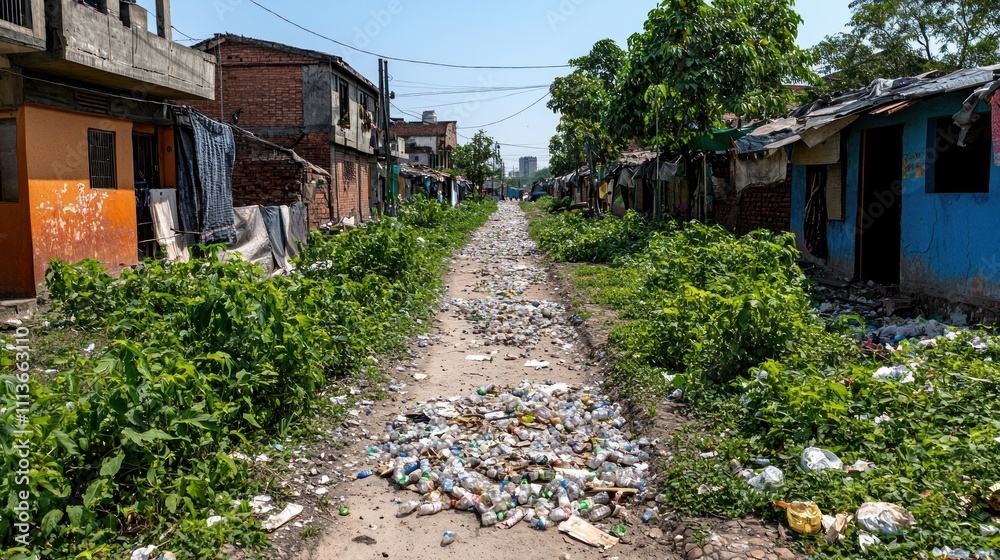 A narrow pathway lined with overgrown vegetation and litter, flanked by dilapidated houses, depicting a scene of neglect and urban decay. A narrow pathway lined with overgrown vegetation and litter, flanked by dilapidated houses, depicting a scene of neglect and urban decay.