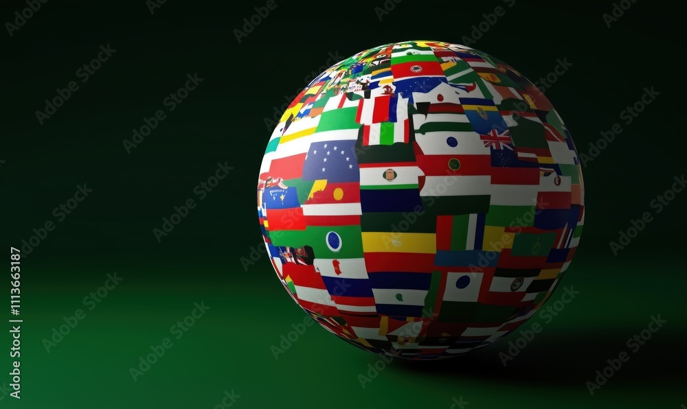 Globe covered with flags representing various countries, showcasing diversity and unity. Colorful flags from around the world displayed on a spherical surface. Globe covered with flags representing various countries, showcasing diversity and unity. Colorful flags from around the world displayed on a spherical surface.