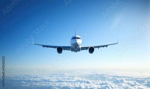 Airplane flying above clouds, clear blue sky, front view, aviation technology, travel concept