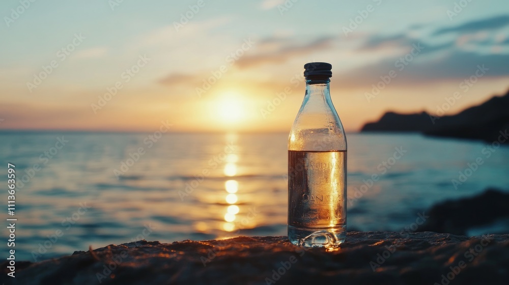 Glass bottle of water at sunset on beach. Glass bottle of water at sunset on beach.