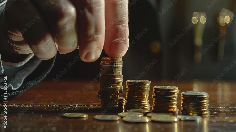 Interest Rate Increase Concept, Businessman Stacking Coins of Different Heights with Percentage Symbols, Reflecting Higher Cost of Borrowing and Financial Profit Return