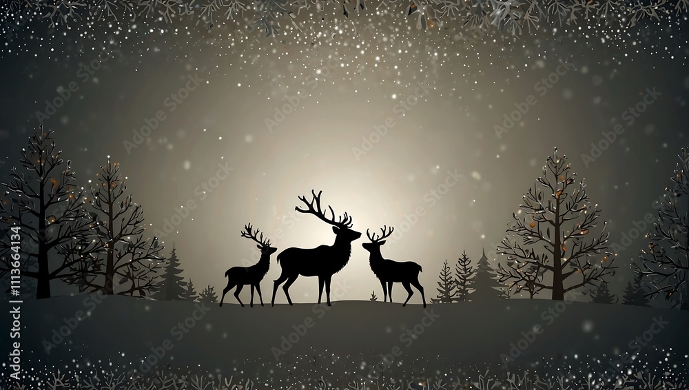 Silhouette of reindeer in a serene winter wonderland with falling snow background Silhouette of reindeer in a serene winter wonderland with falling snow background