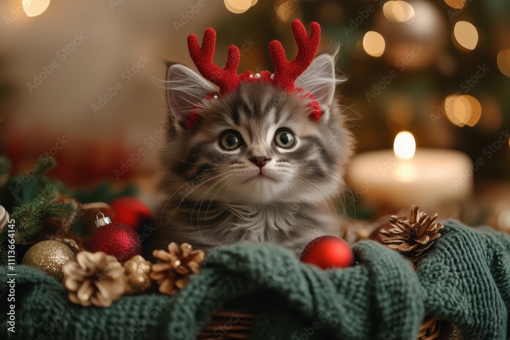 Adorable fluffy gray kitten with reindeer antlers celebrating christmas Adorable fluffy gray kitten with reindeer antlers celebrating christmas