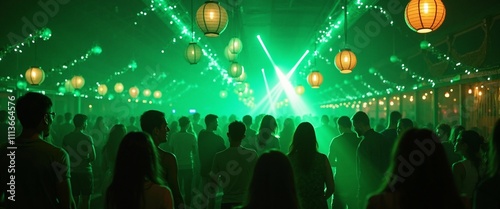 Festive crowd under green lights and lanterns, nightlife celebration
