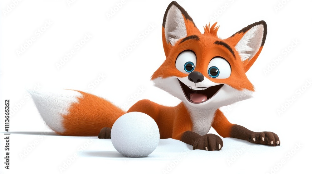 Fototapeta premium Cute Cartoon Fox Character Playfully Lying with Egg on Studio Background