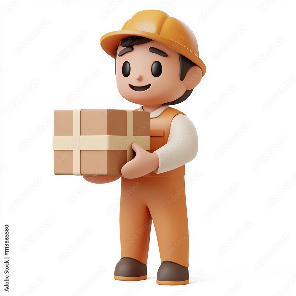 3D Cartoon Delivery Person Holding Package on White Background 3D Cartoon Delivery Person Holding Package on White Background