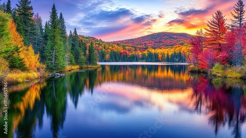 Autumn Sunset Reflecting On Calm Lake Surrounded By Trees