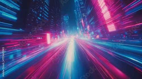 Futuristic city street with neon lights and speed effect.