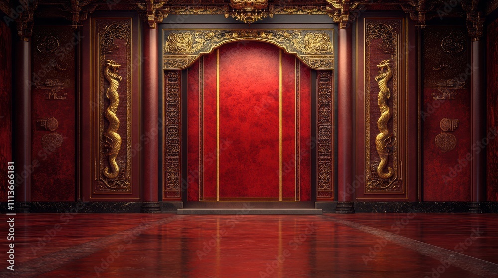 Elegant Lunar New Year backdrop for 2025 celebrating the Year of the Snake with luxurious red background and ornate gold accents Elegant Lunar New Year backdrop for 2025 celebrating the Year of the Snake with luxurious red background and ornate gold accents