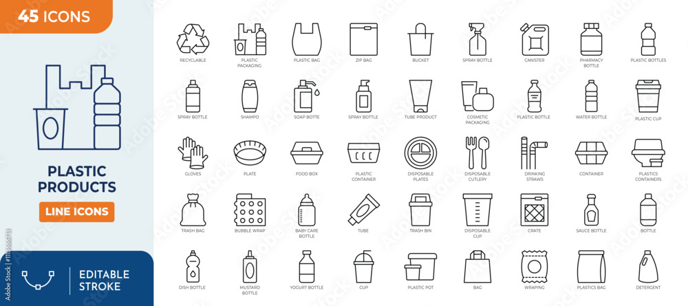 plastic product line editable icon set. Plastic Package icon set. Vector illustration plastic product line editable icon set. Plastic Package icon set. Vector illustration