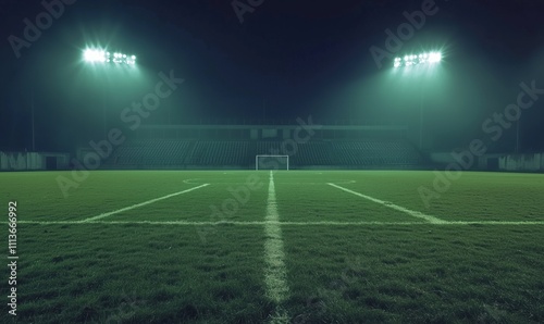 Illuminated soccer field at night, empty stadium, foggy atmosphere, bright floodlights, green grass, white lines, goalpost