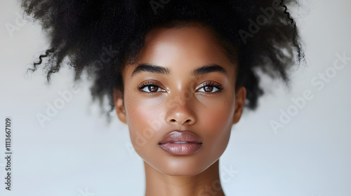 Closeup beautiful black skin woman portrait studio shot isolated on white background