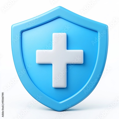 Bright Blue and White 3D Medical Shield Icon with Cross on Minimal Background