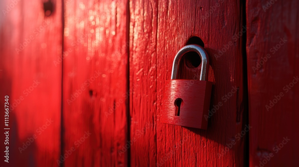 Red Padlock on a Red Wooden Door Red Padlock on a Red Wooden Door