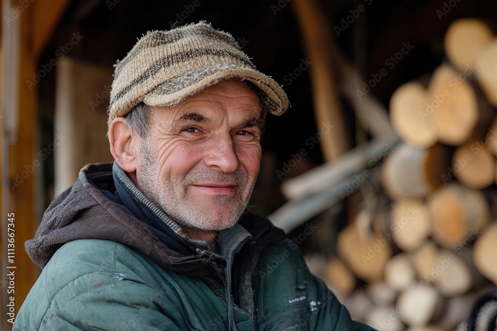 Experienced woodworker smiling in workshop surrounded by logs and tools on a sunny afternoon Experienced woodworker smiling in workshop surrounded by logs and tools on a sunny afternoon