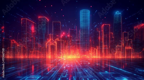 Futuristic cityscape at night, glowing buildings and digital network.