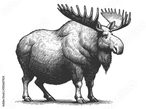 Fat body positive moose with exaggerated proportions, intricate antlers and textured fur in a bold style sketch engraving generative ai vector illustration. Scratch board. Black and white image.