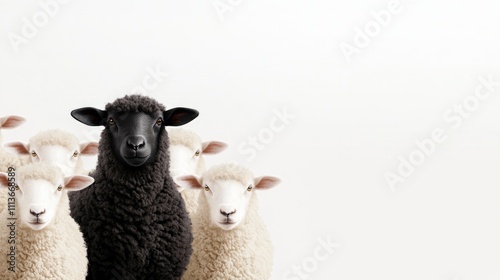 a lone black sheep standing out in a flock of white sheep