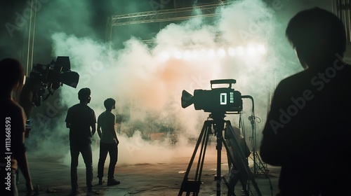 Filming with a Camera Crew in Smoky Studio Setting