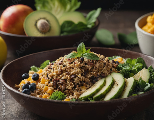 Ciotola vegana con muesli, frutta secca, avocado e yogurt vegetale, ideale per colazioni nutrienti.