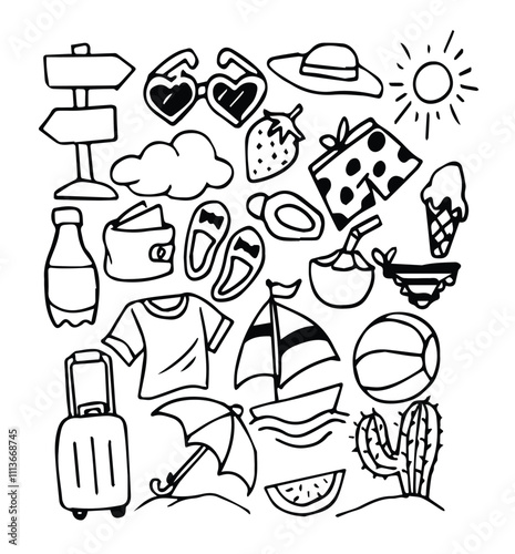 Doodle set of cute vector summer elements bikini, luggage, slates, beach towel, water, umbrella, bag, ice cream.