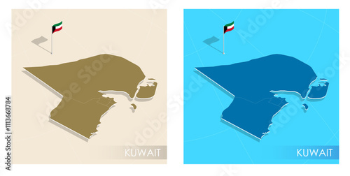 Kuwait country flag installed on geographic positioning map point of country territory. Kuwait commonwealth banner on land and sea. Festive patriotic HD format template for independence day