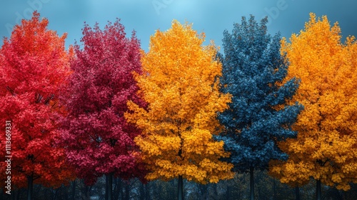 a group of trees with different colors of leaves