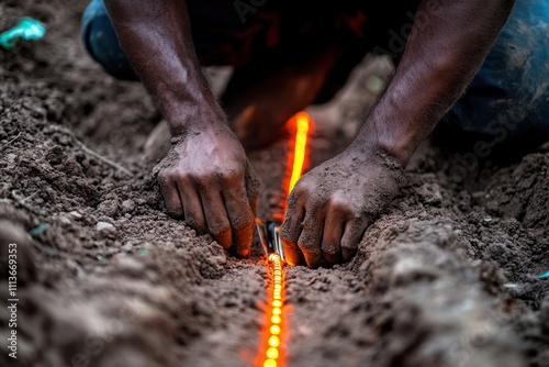 Muddy hands bury glowing orange cable in dark soil. Illustrates manual labor in agriculture, possibly irrigation system installation. photo