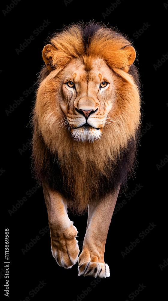 Lion walking through a dark, isolated on black background Lion walking through a dark, isolated on black background