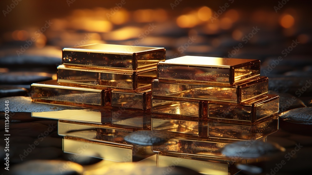 Stack of shiny gold bars on the golden reflect light background business and finance saving concept Stack of shiny gold bars on the golden reflect light background business and finance saving concept