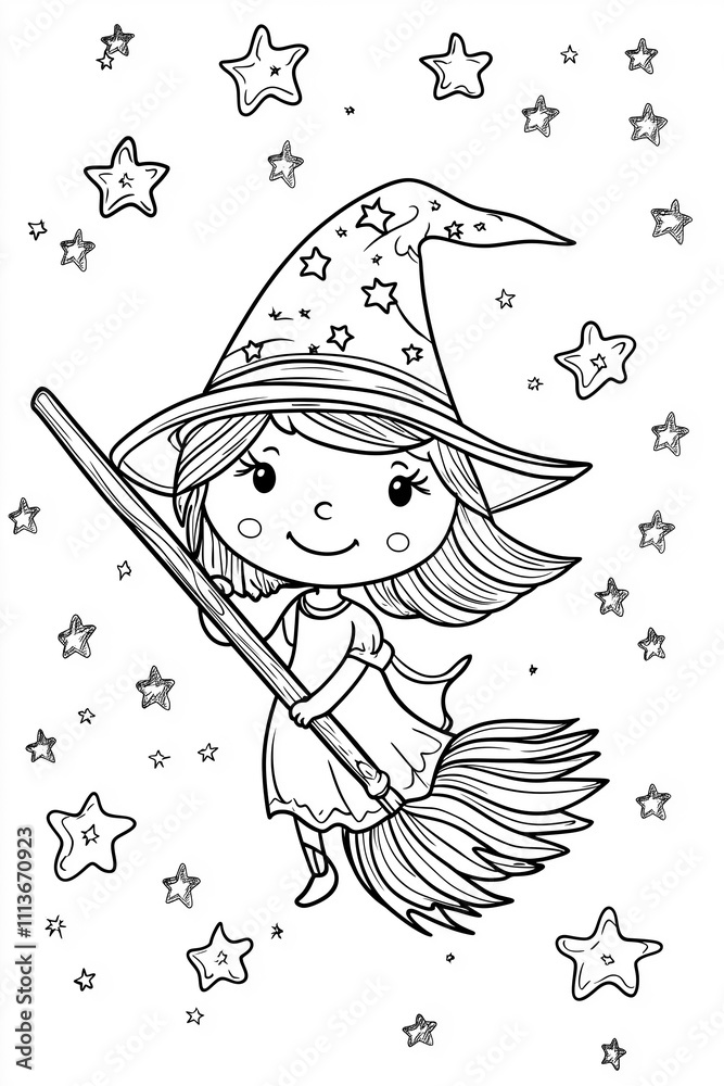 Fototapeta premium Flying Broomstick with Stars Coloring Page for Kids