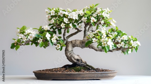 A beautifully shaped bonsai tree adorned with white flowers, showcasing artistry in plant cultivation. photo