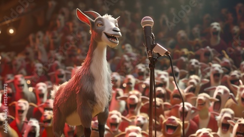 A goat standing on a stage, singing into a microphone with a crowd of laughing farm animals cheering. photo