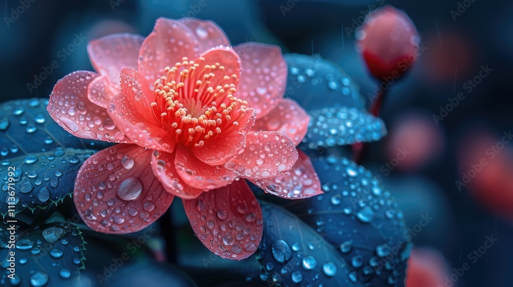 Close-up of a vibrant pink flower with water droplets on its petals and leaves. Close-up of a vibrant pink flower with water droplets on its petals and leaves.
