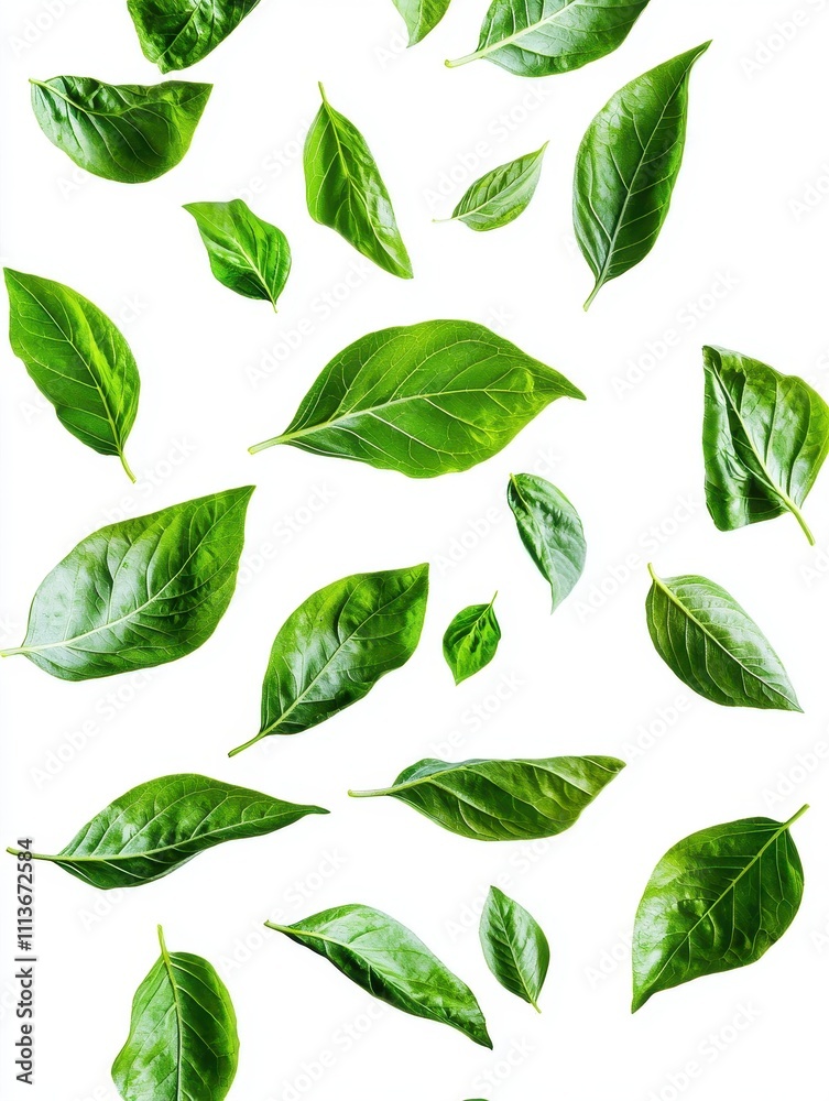 Fresh Green Basil Leaves Cascading Elegantly Isolated on White Background, Perfect for Culinary Design