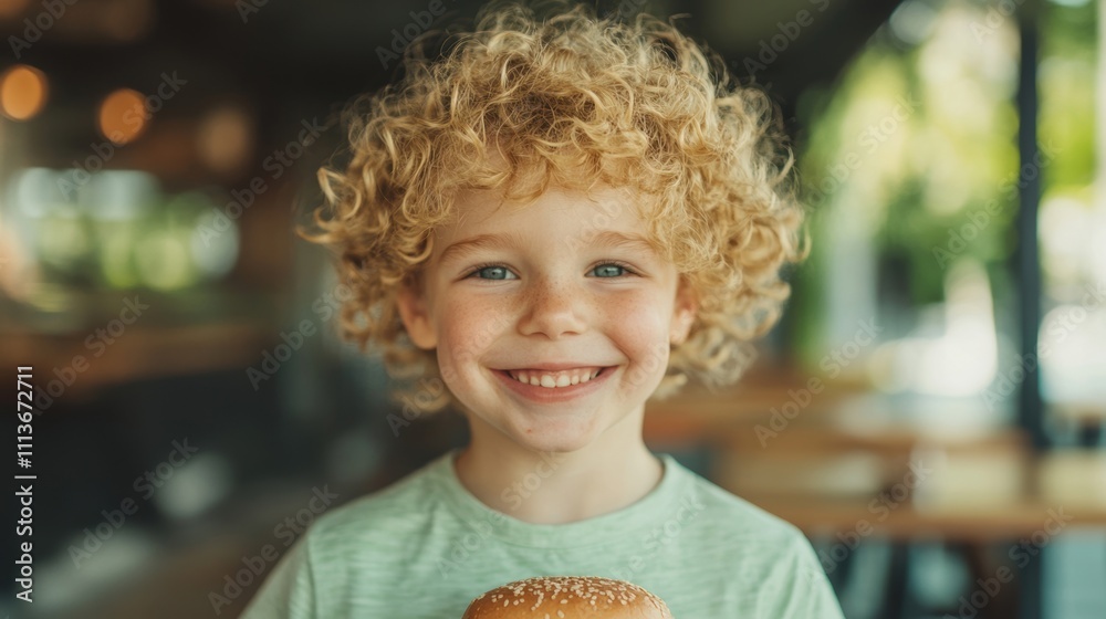 Naklejka premium A cheerful child with curly hair holding a sesame seed burger, radiating happiness in a bright and cozy restaurant setting.